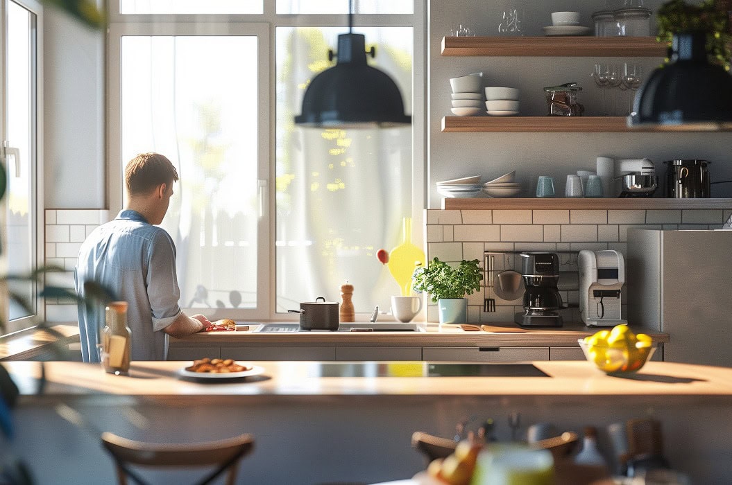 Erwachsener Mann steht und bereitet Frühstück in moderner heller Küche vor